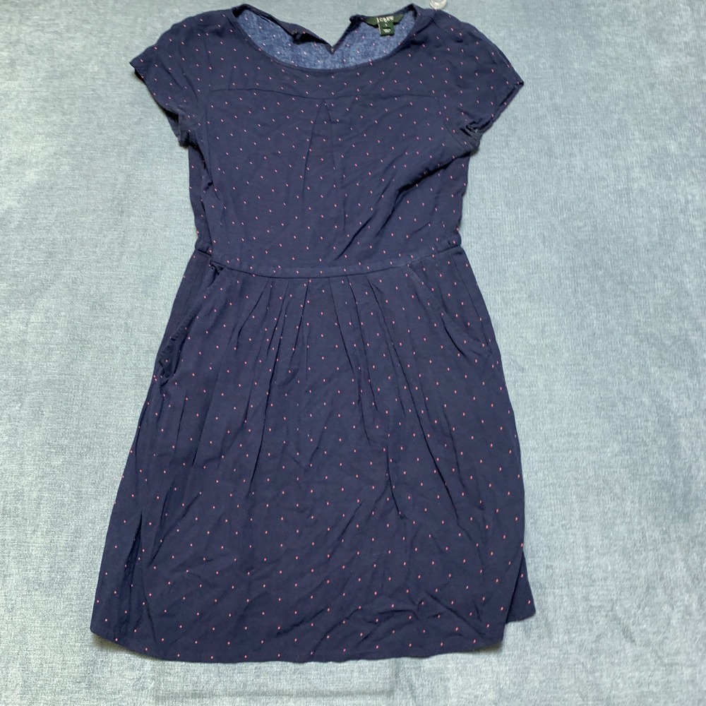 J.Crew‎ Shift Dress Womens 2 Navy Blue Polka Dot Pleated Cap Sleeve Round Neck